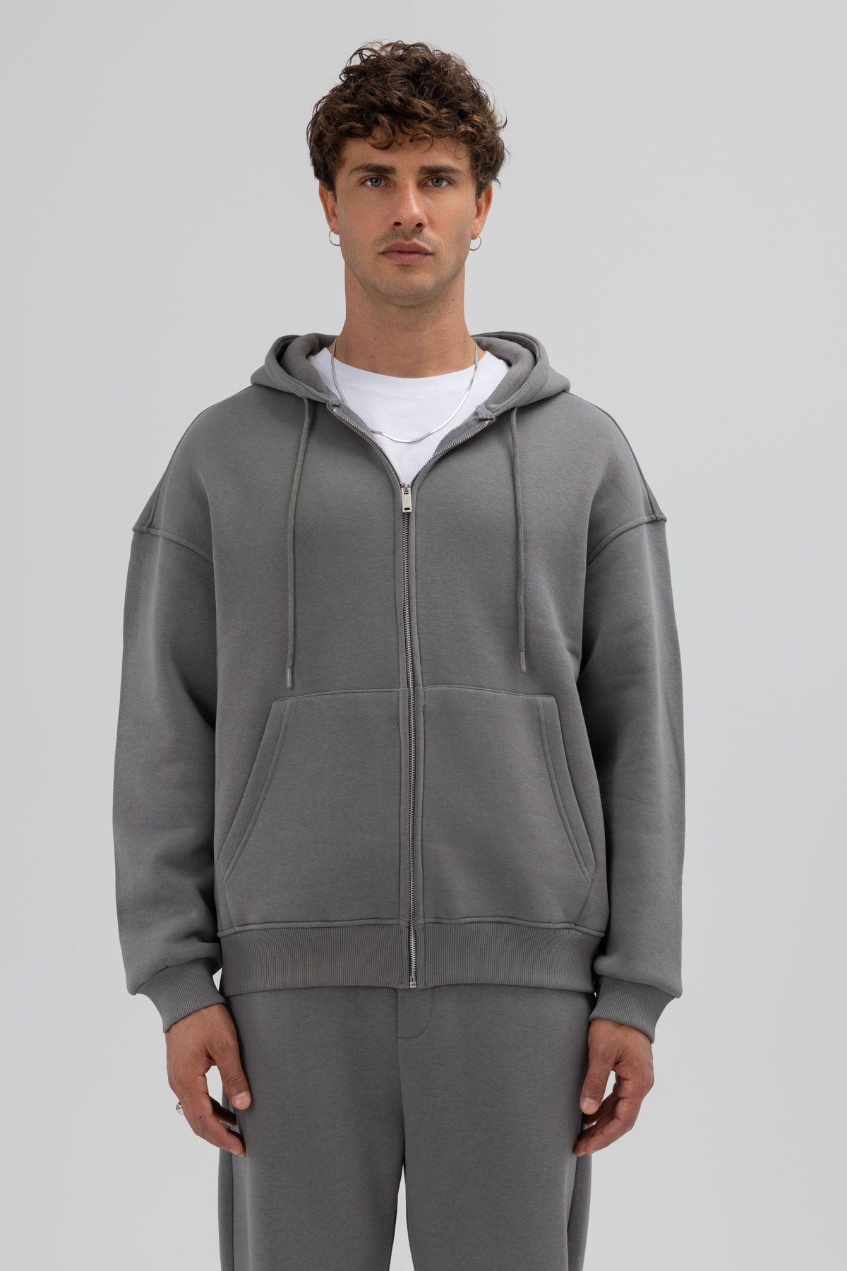Basic Fermuarlı Oversize Kapüşonlu Sweatshirt Füme
