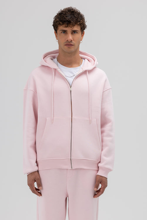 Basic Fermuarlı Oversize Kapüşonlu Sweatshirt Pembe