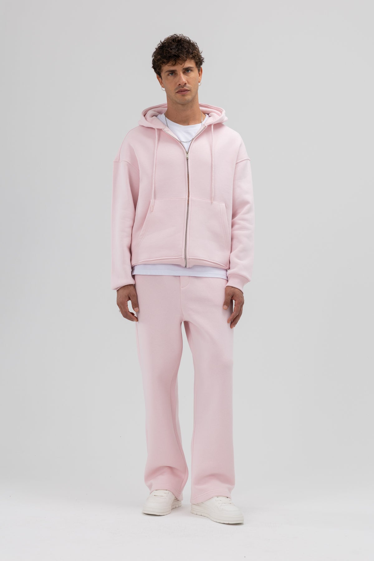 Basic Fermuarlı Oversize Kapüşonlu Sweatshirt Pembe
