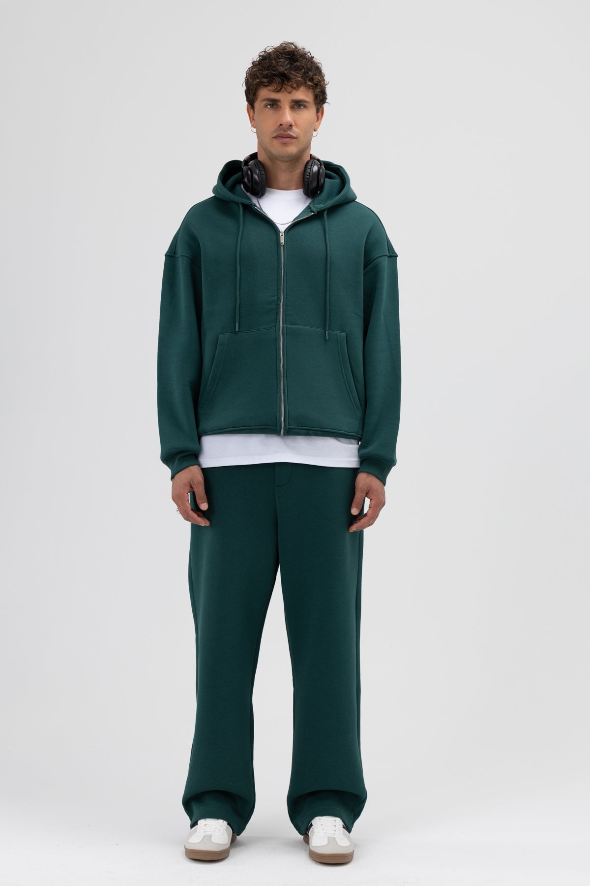 Basic Fermuarlı Oversize Kapüşonlu Sweatshirt Nefti