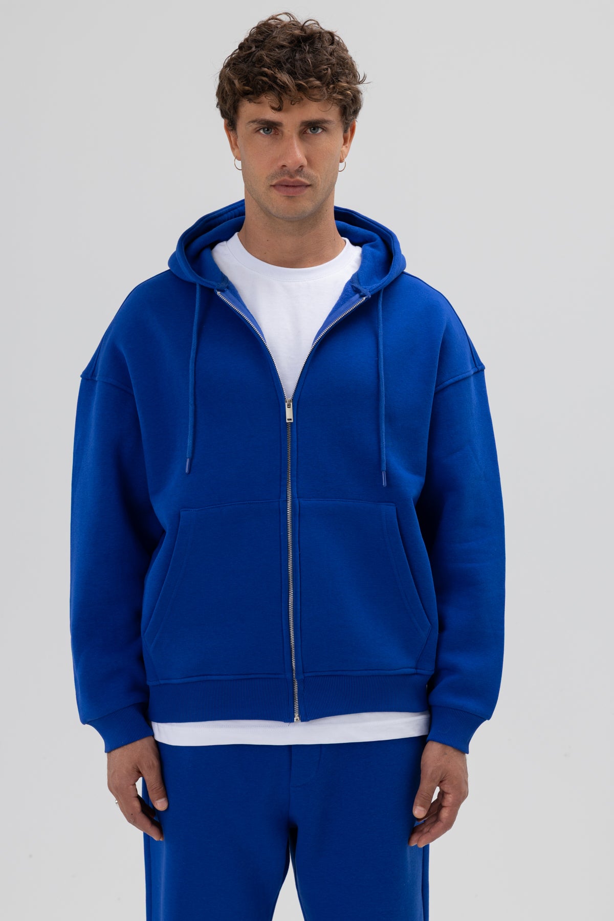 Basic Fermuarlı Oversize Kapüşonlu Sweatshirt Saks