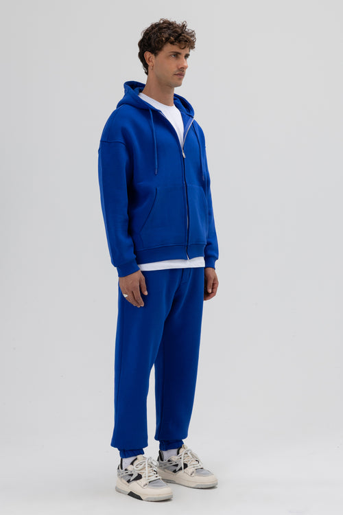Basic Fermuarlı Oversize Kapüşonlu Sweatshirt Saks