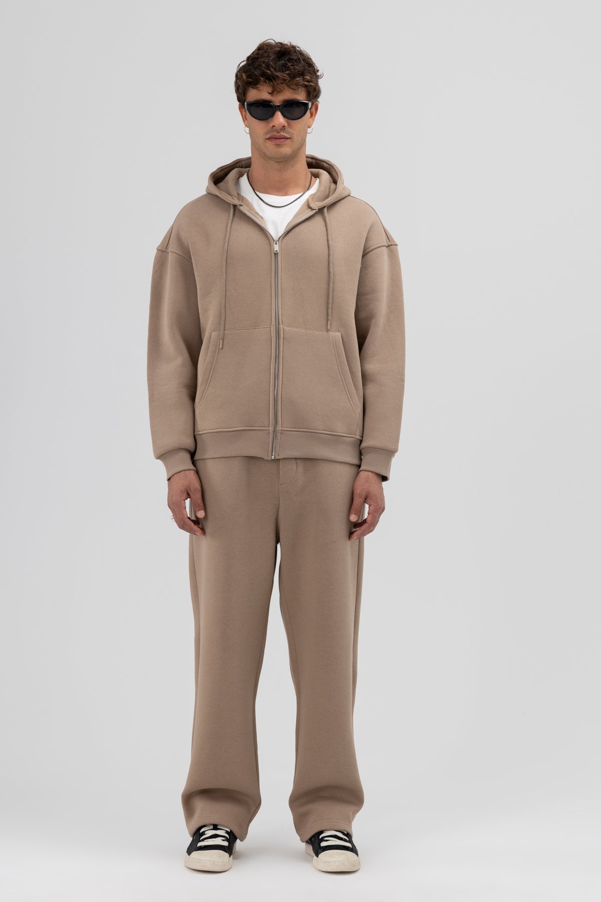 Basic Fermuarlı Oversize Kapüşonlu Sweatshirt Vizon