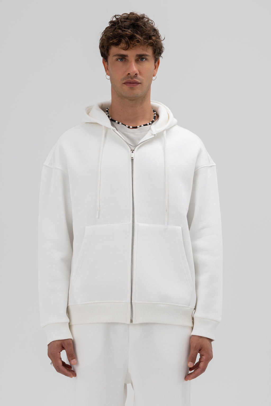 Basic Fermuarlı Oversize Kapüşonlu Sweatshirt Ekru
