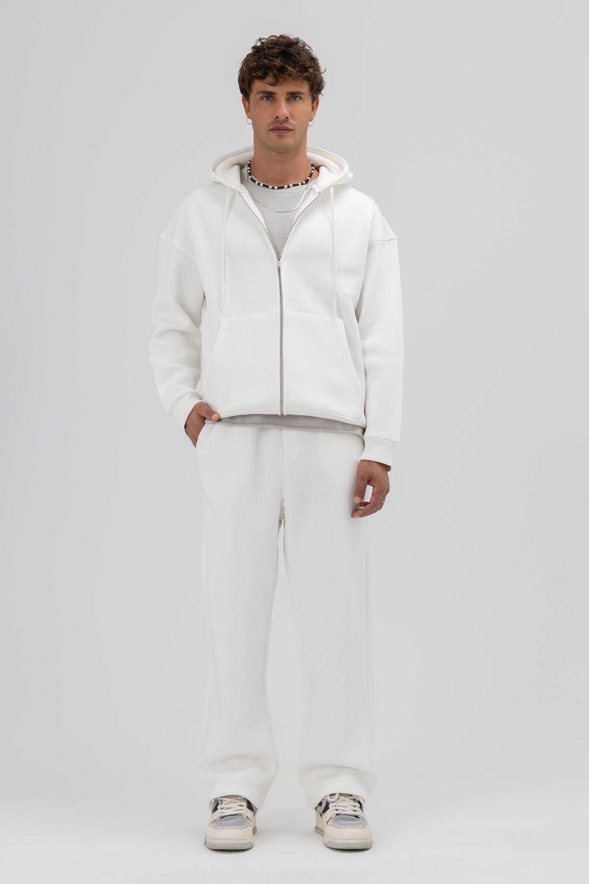 Basic Fermuarlı Oversize Kapüşonlu Sweatshirt Ekru