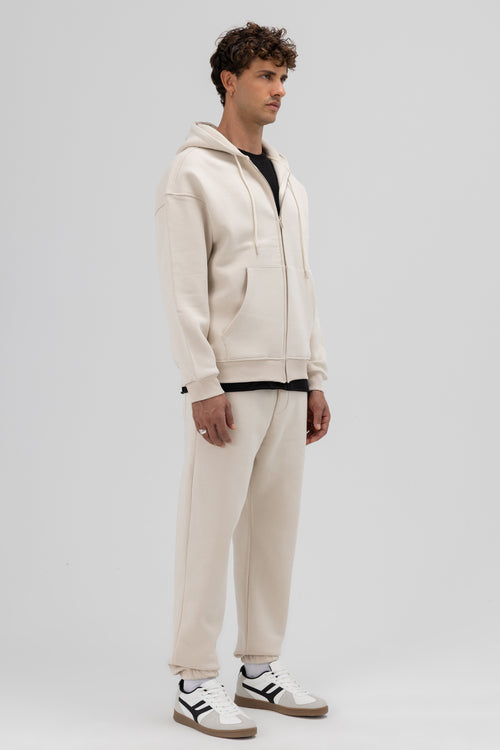 Basic Fermuarlı Oversize Kapüşonlu Sweatshirt Taş