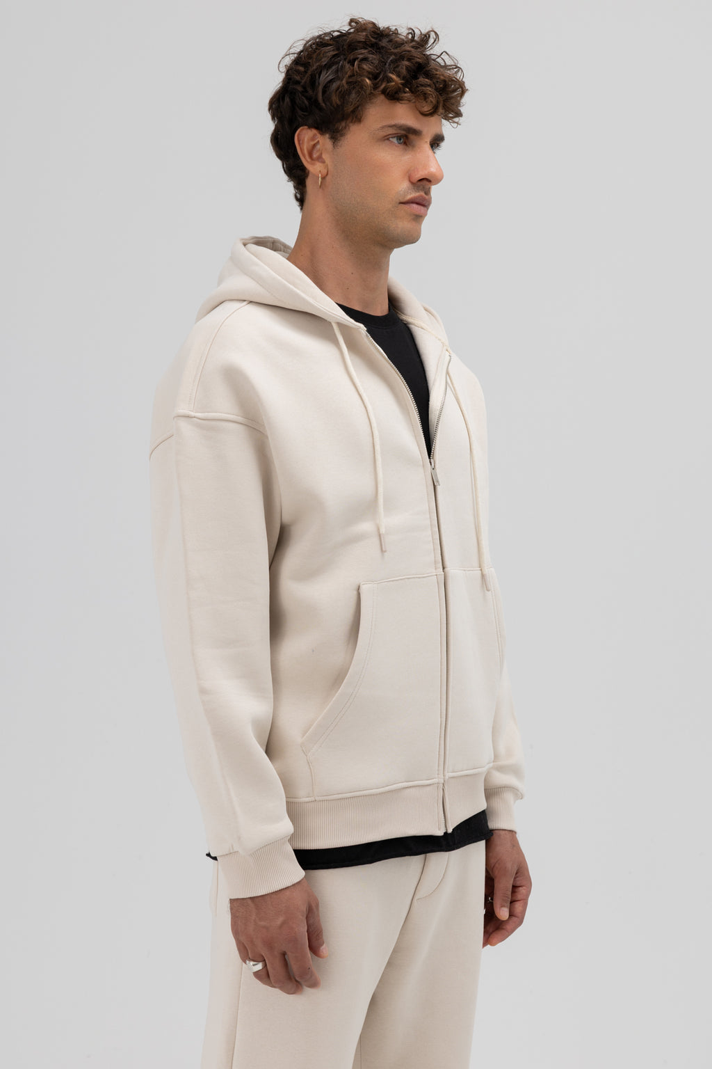 Basic Fermuarlı Oversize Kapüşonlu Sweatshirt Taş