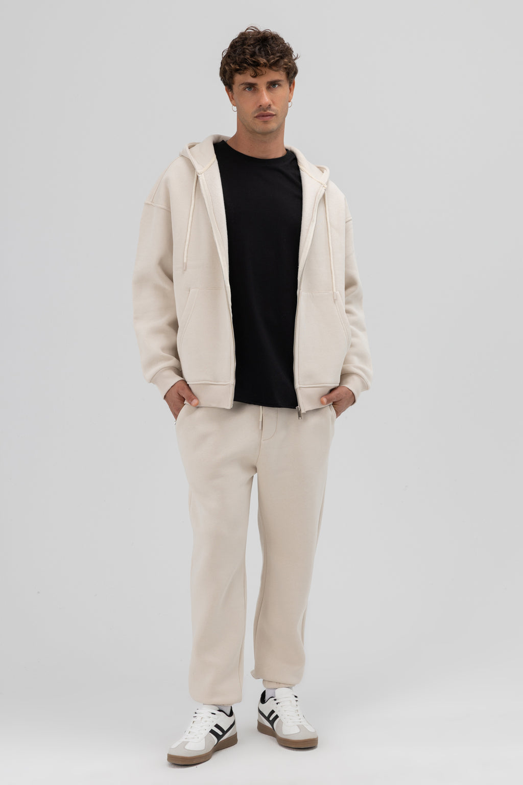 Basic Fermuarlı Oversize Kapüşonlu Sweatshirt Taş