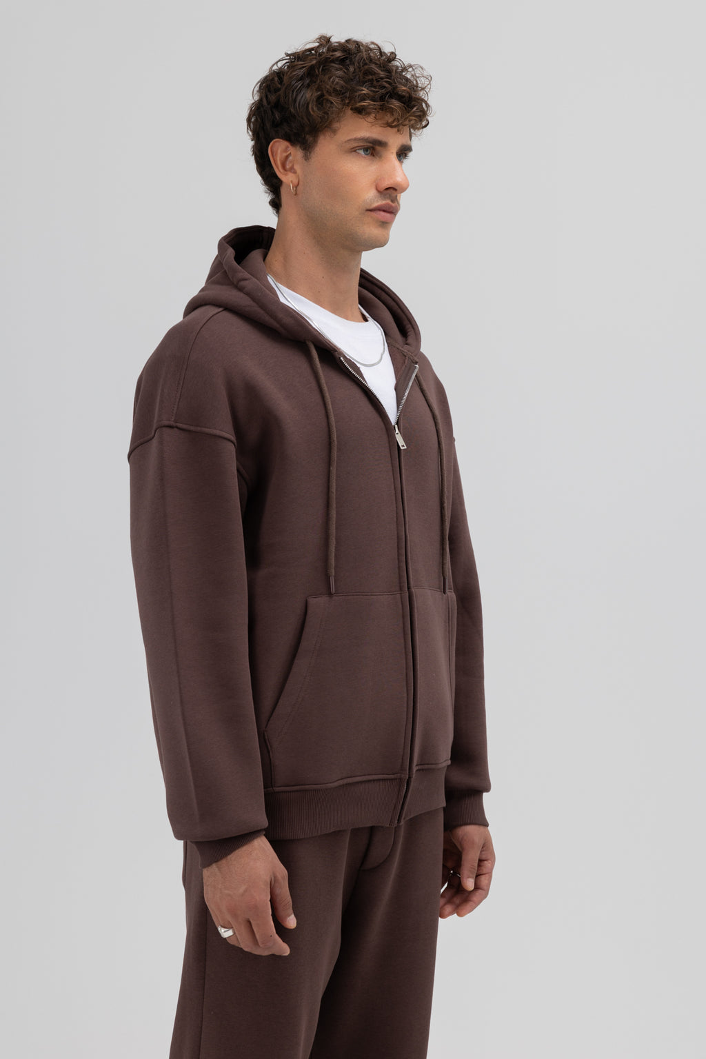 Basic Fermuarlı Oversize Kapüşonlu Sweatshirt Kahve