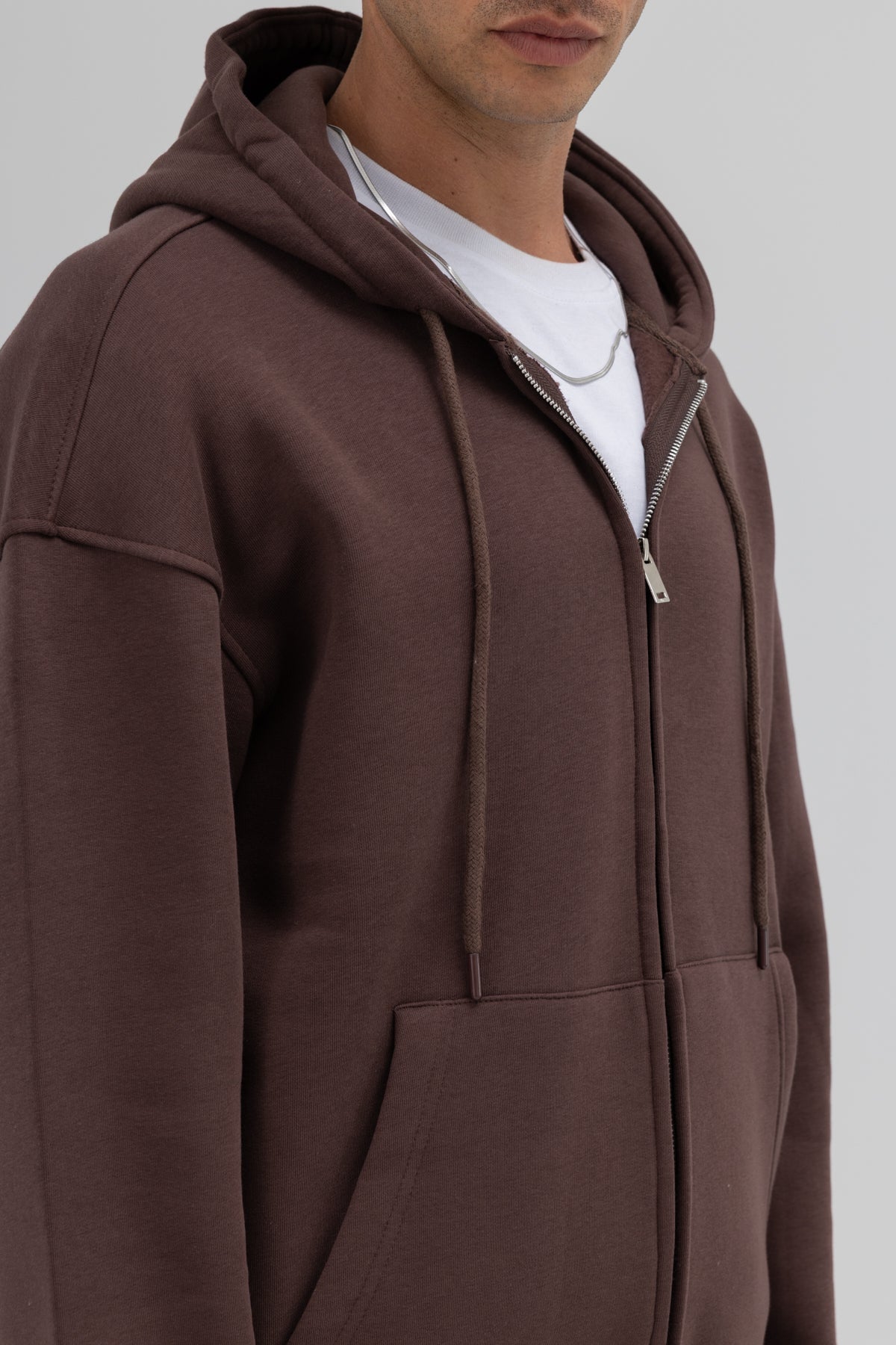 Basic Fermuarlı Oversize Kapüşonlu Sweatshirt Kahve