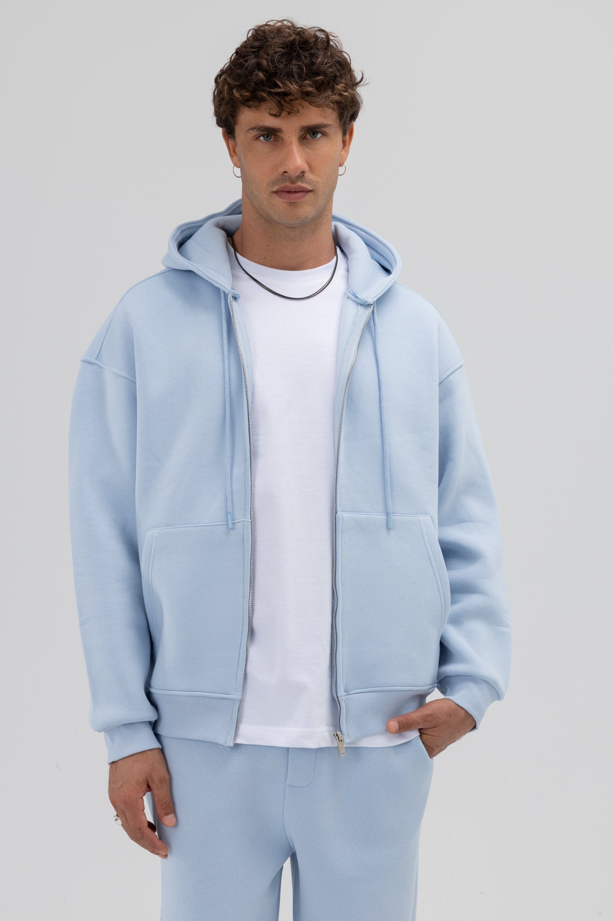 Basic Fermuarlı Oversize Kapüşonlu Sweatshirt Bebe Mavi