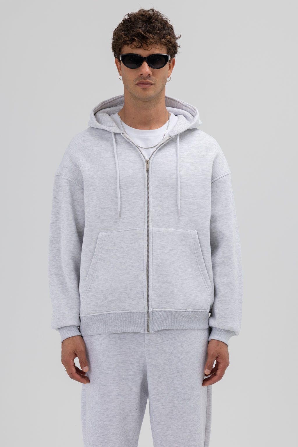 Basic Fermuarlı Oversize Kapüşonlu Sweatshirt Kar Melanj