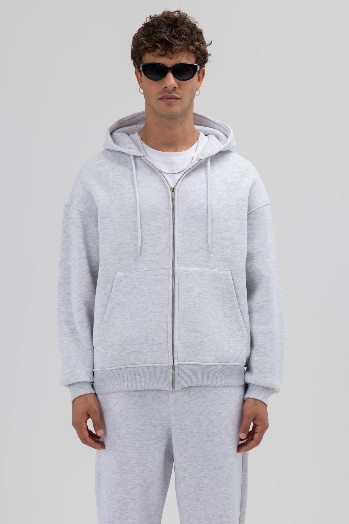 Basic Fermuarlı Oversize Kapüşonlu Sweatshirt Kar Melanj