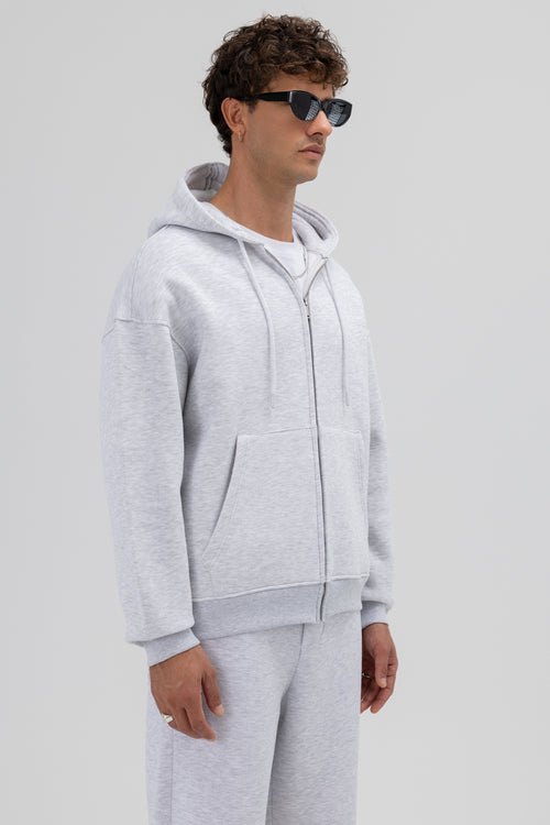 Basic Fermuarlı Oversize Kapüşonlu Sweatshirt Kar Melanj