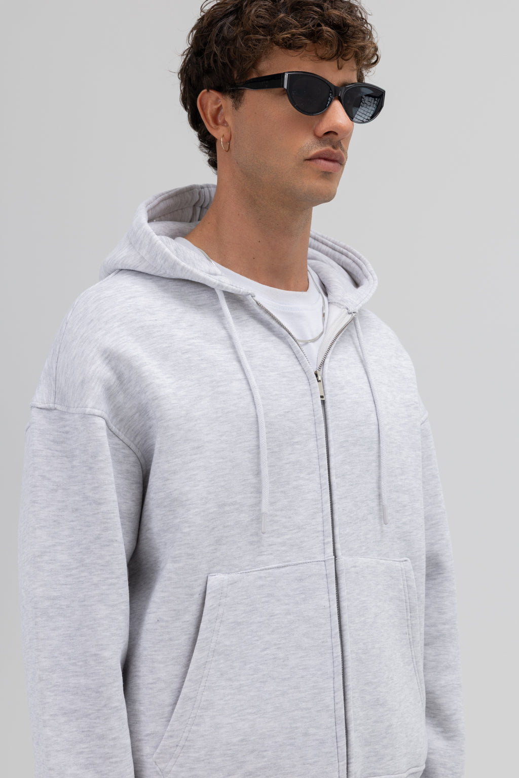 Basic Fermuarlı Oversize Kapüşonlu Sweatshirt Kar Melanj