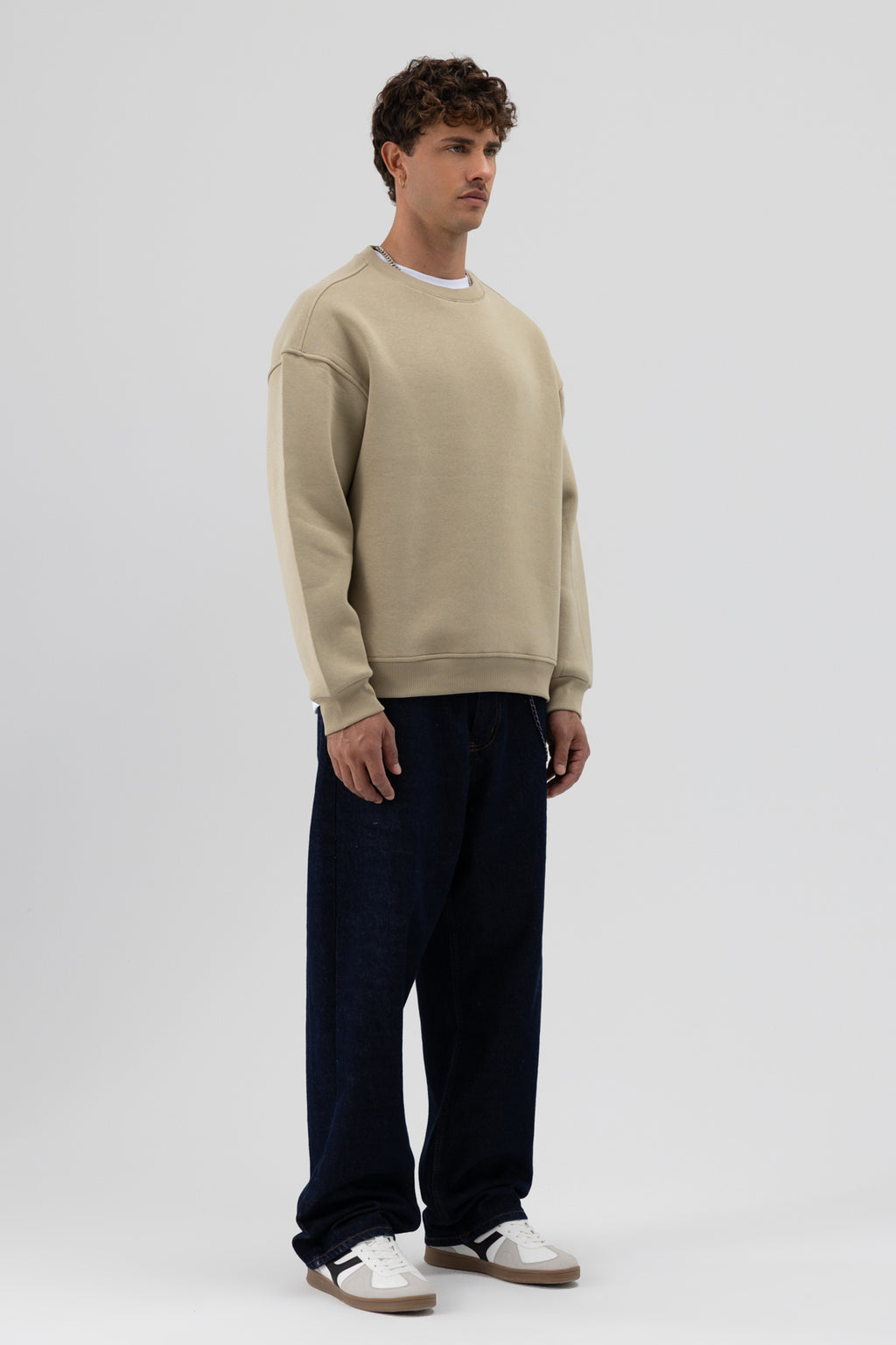 Basic Bisiklet Yaka Oversize Sweatshirt Haki