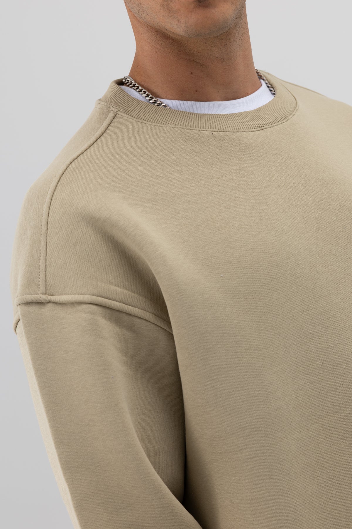 Basic Bisiklet Yaka Oversize Sweatshirt Haki