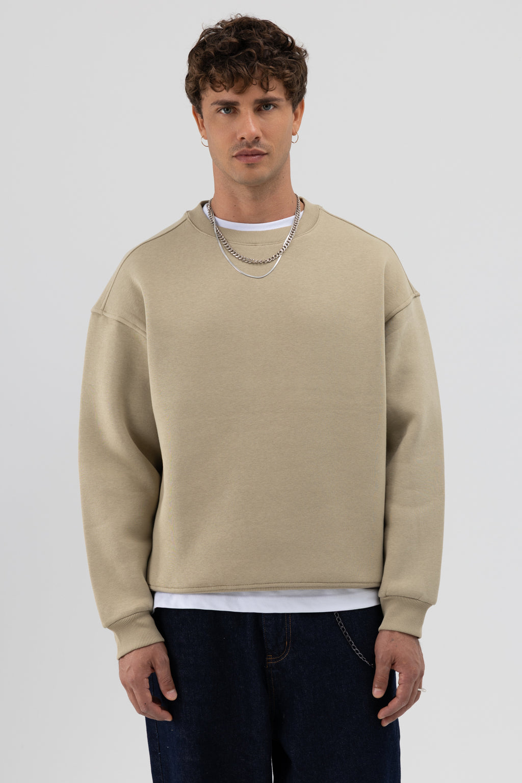 Basic Bisiklet Yaka Oversize Sweatshirt Haki