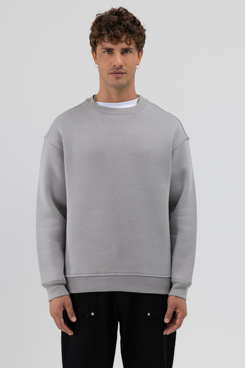 Basic Bisiklet Yaka Oversize Sweatshirt Gri