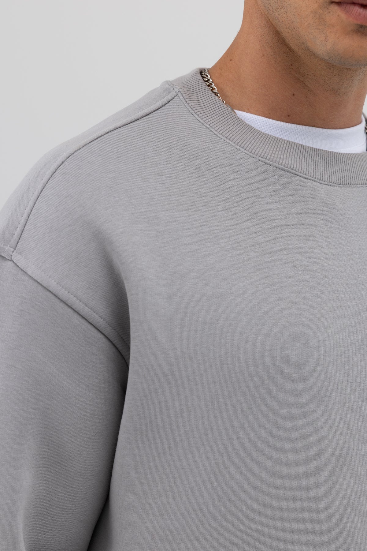 Basic Bisiklet Yaka Oversize Sweatshirt Gri
