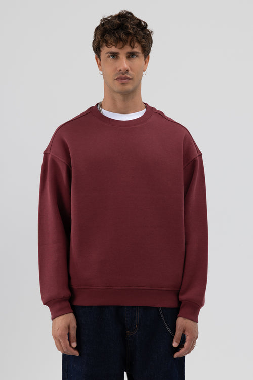 Basic Bisiklet Yaka Oversize Sweatshirt Bordo
