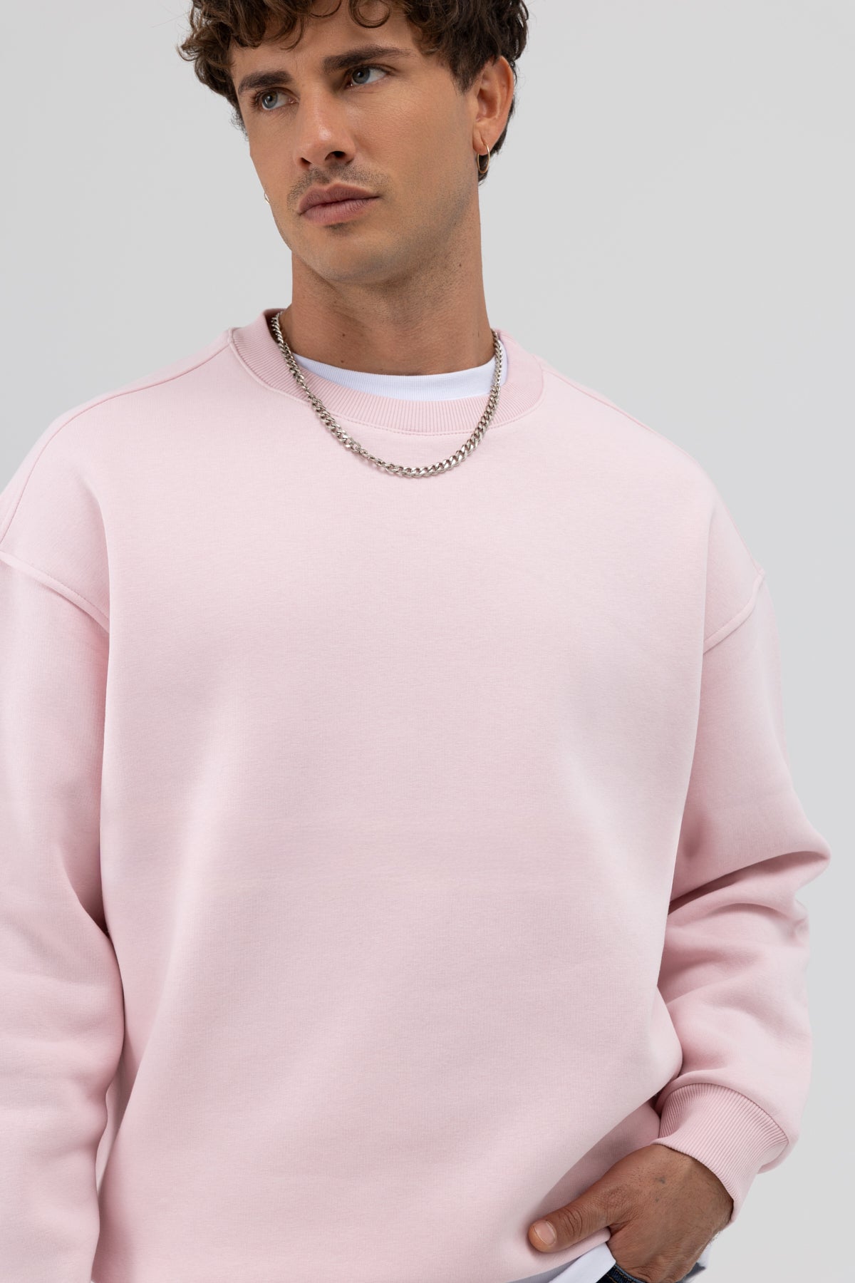 Basic Bisiklet Yaka Oversize Sweatshirt Pembe