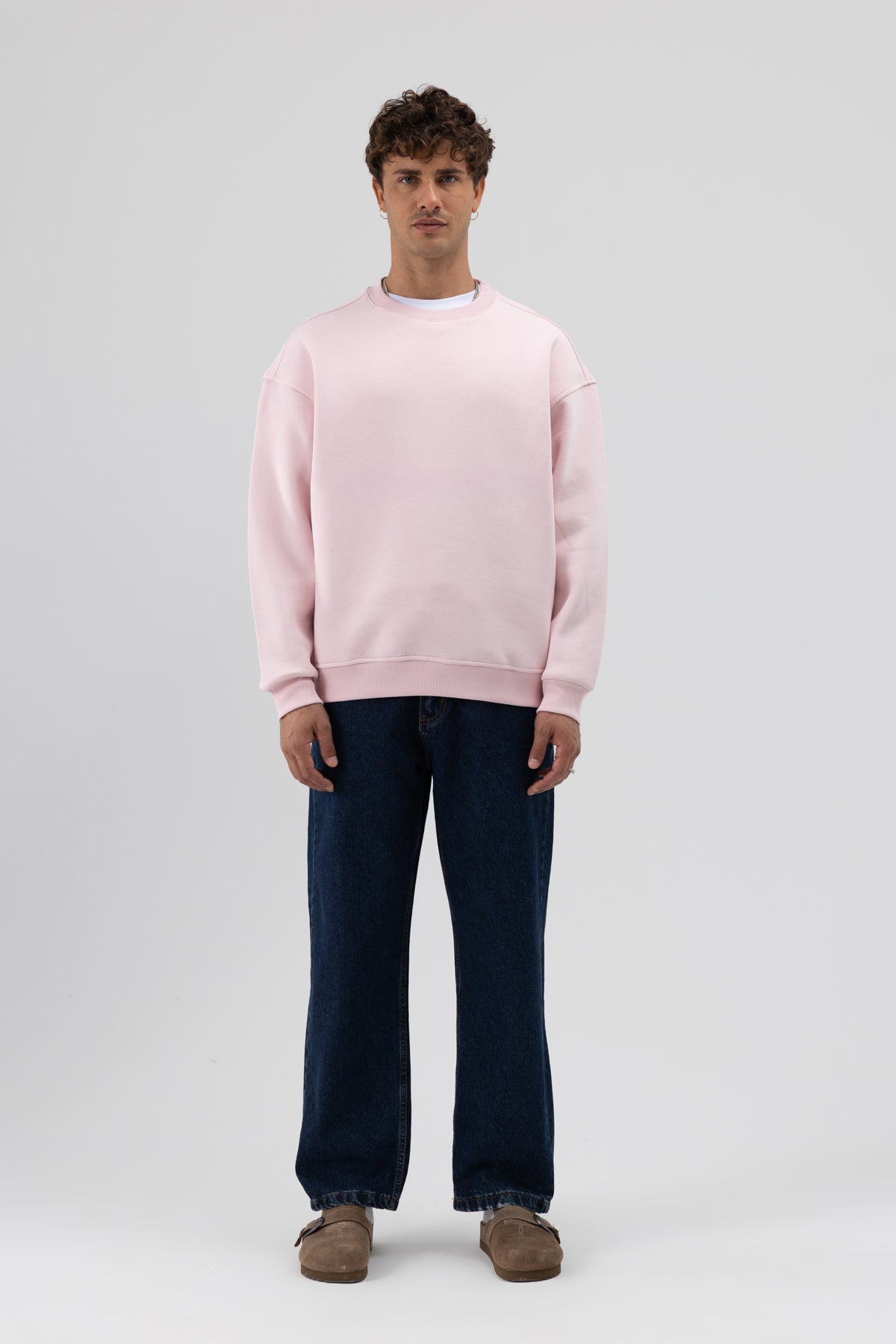 Basic Bisiklet Yaka Oversize Sweatshirt Pembe