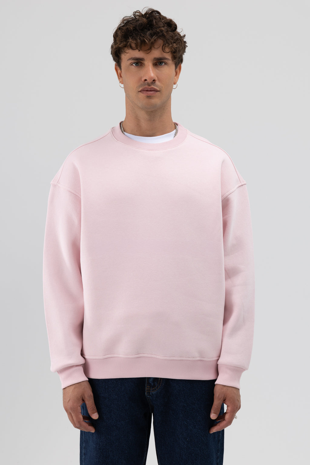 Basic Bisiklet Yaka Oversize Sweatshirt Pembe
