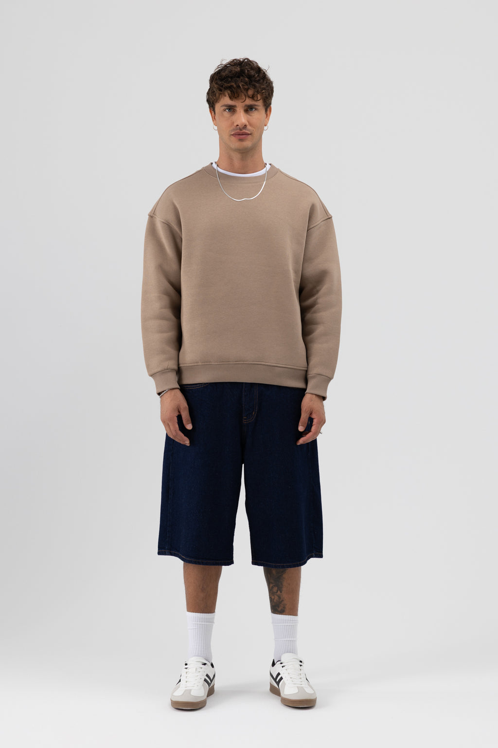 Basic Bisiklet Yaka Oversize Sweatshirt Vizon