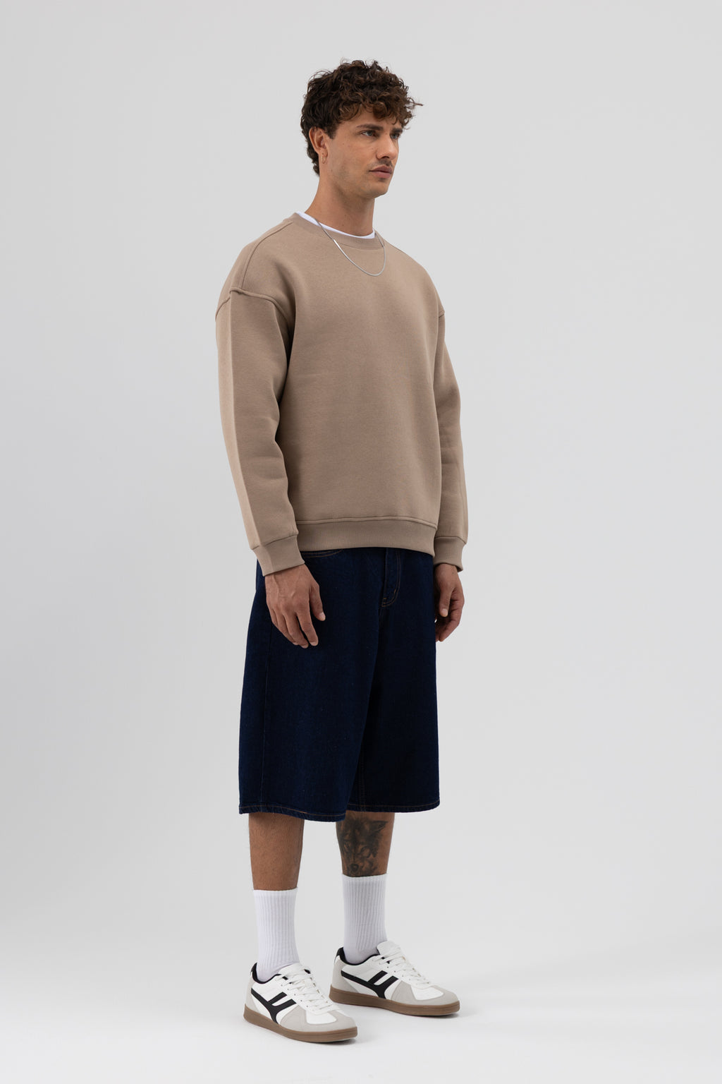 Basic Bisiklet Yaka Oversize Sweatshirt Vizon