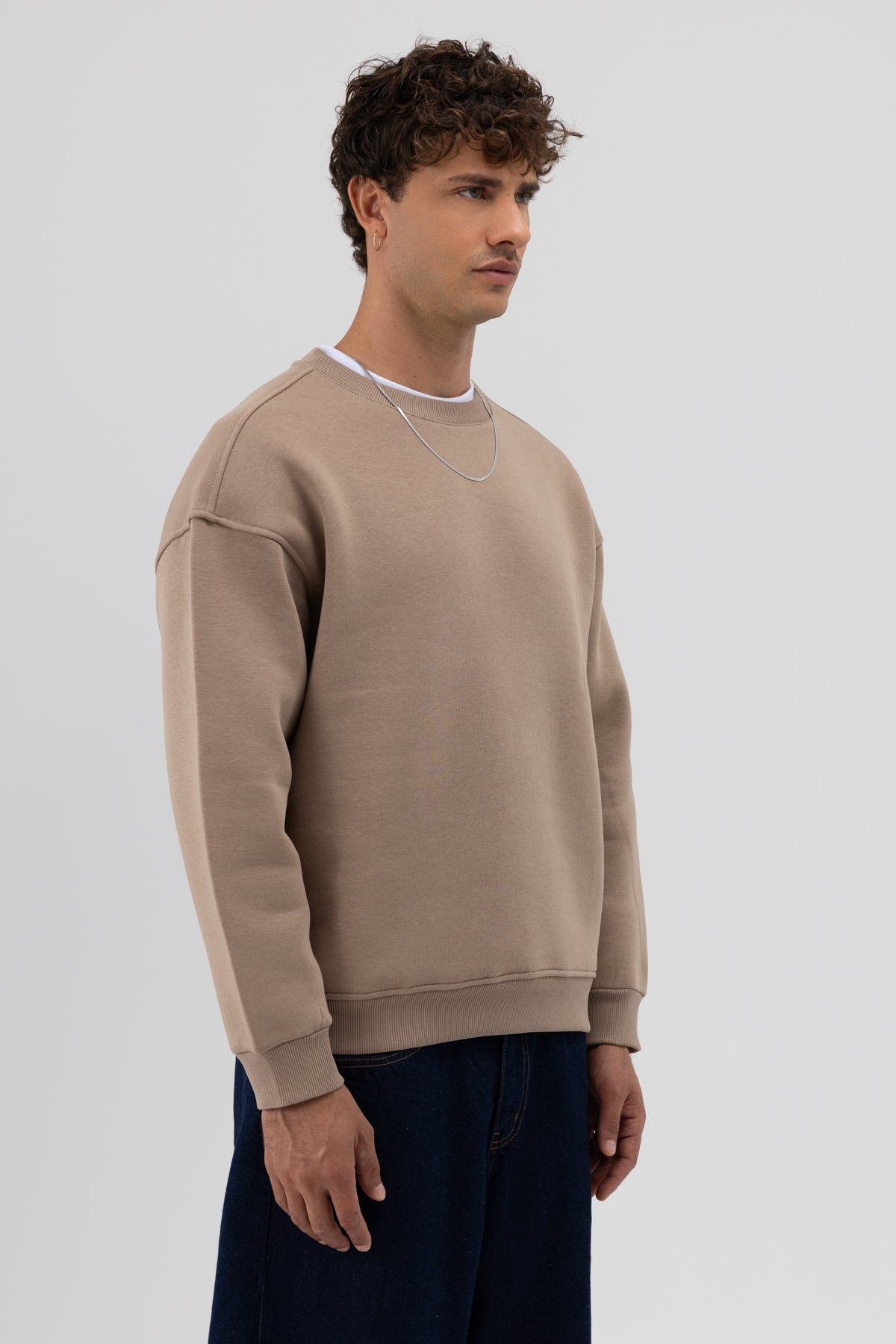 Basic Bisiklet Yaka Oversize Sweatshirt Vizon
