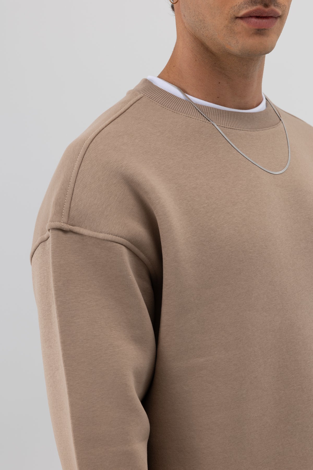 Basic Bisiklet Yaka Oversize Sweatshirt Vizon
