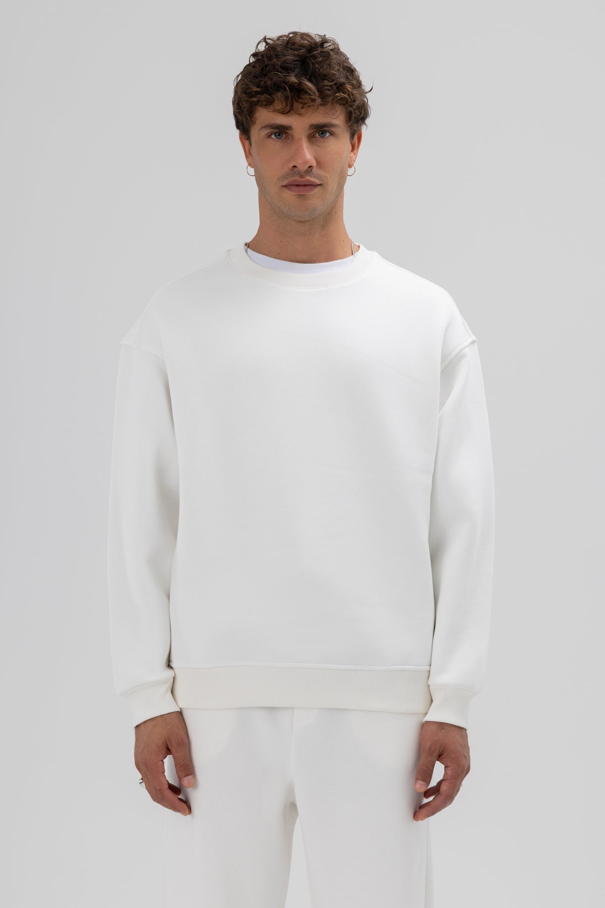 Basic Bisiklet Yaka Oversize Sweatshirt Ekru