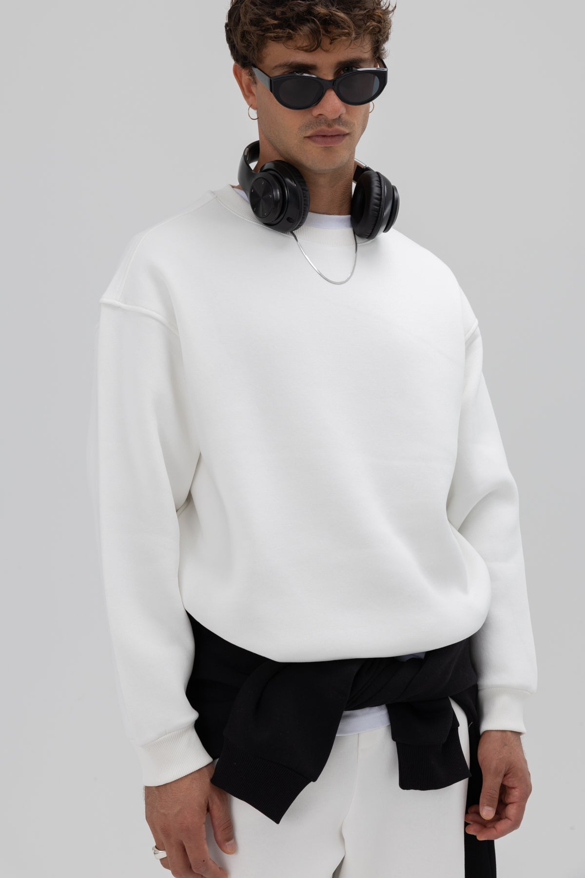 Basic Bisiklet Yaka Oversize Sweatshirt Ekru