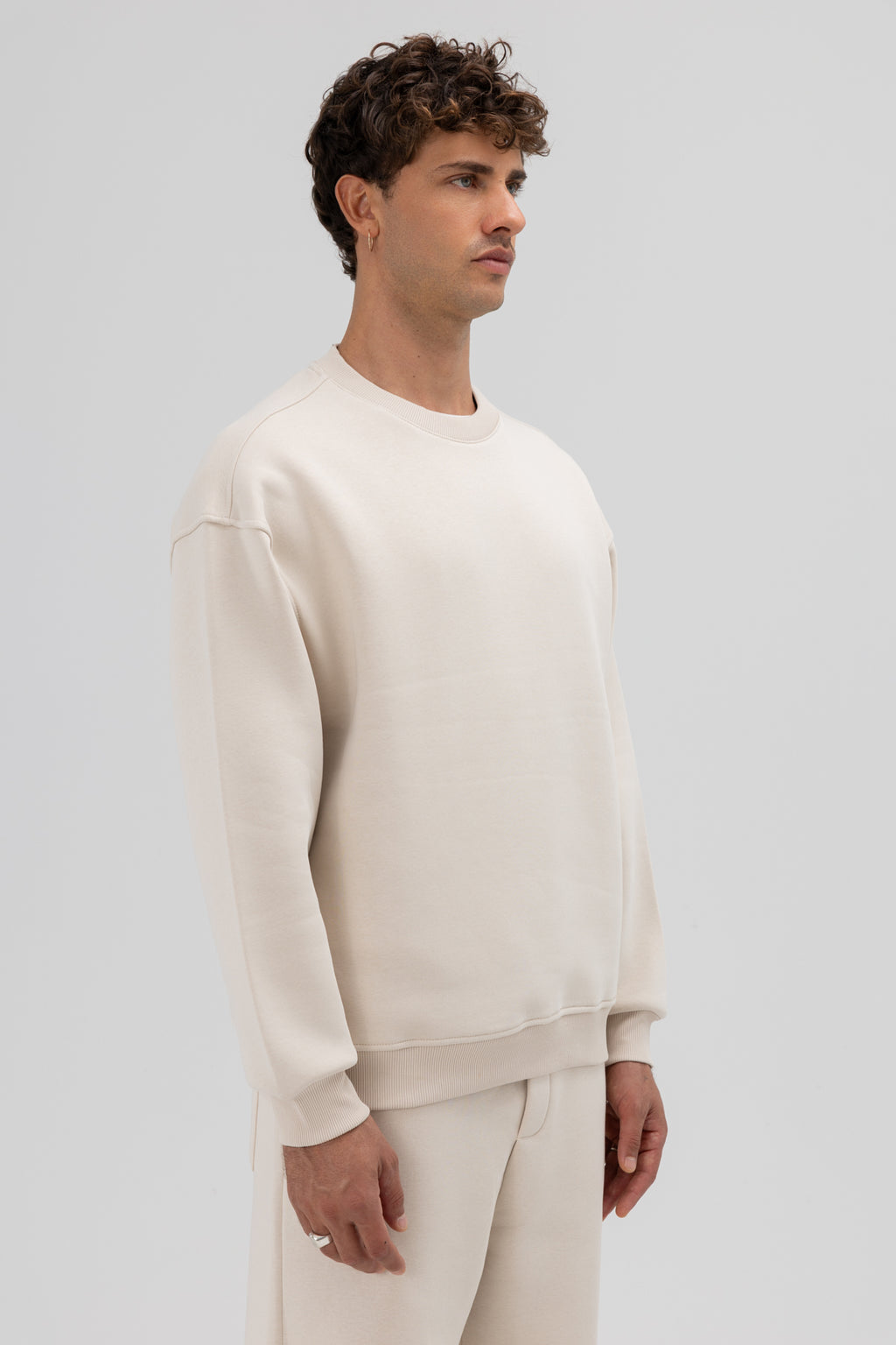 Basic Bisiklet Yaka Oversize Sweatshirt Taş