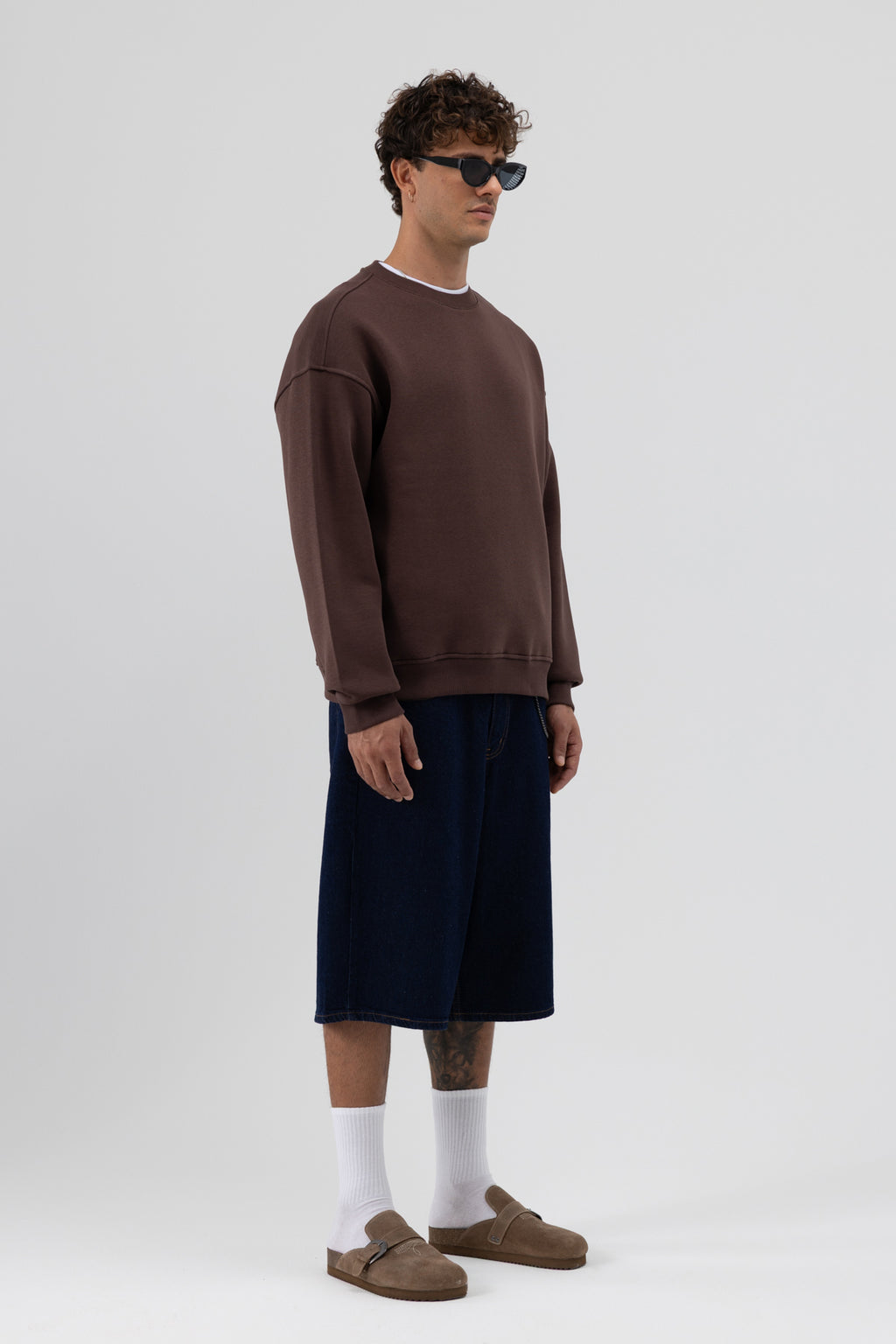 Basic Bisiklet Yaka Oversize Sweatshirt Kahve