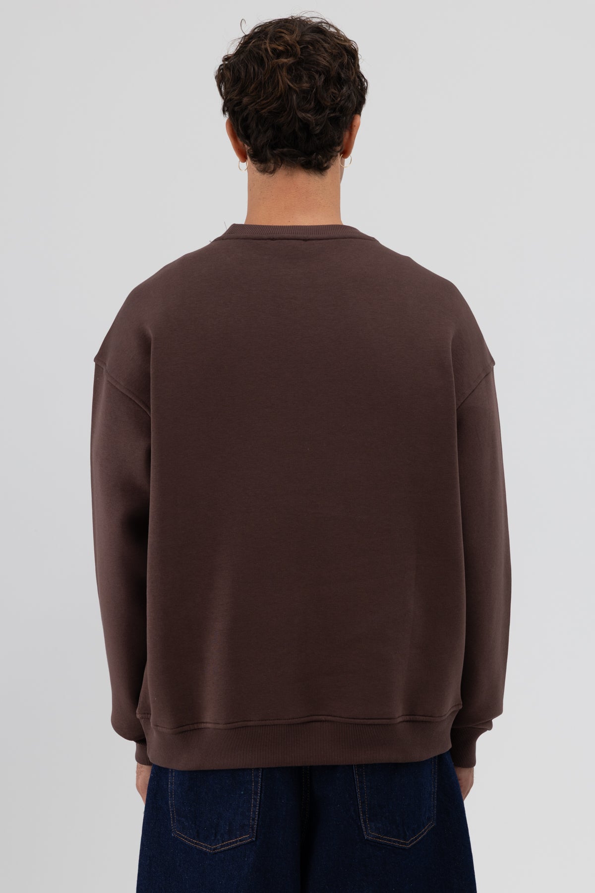 Basic Bisiklet Yaka Oversize Sweatshirt Kahve