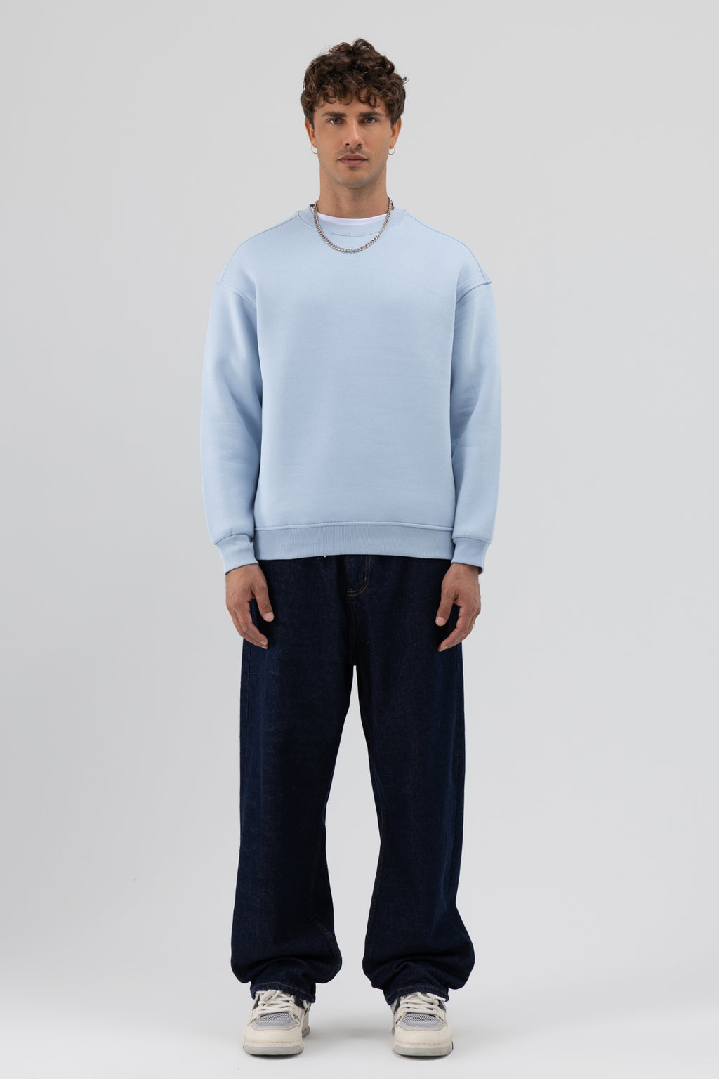Basic Bisiklet Yaka Oversize Sweatshirt Bebe Mavi