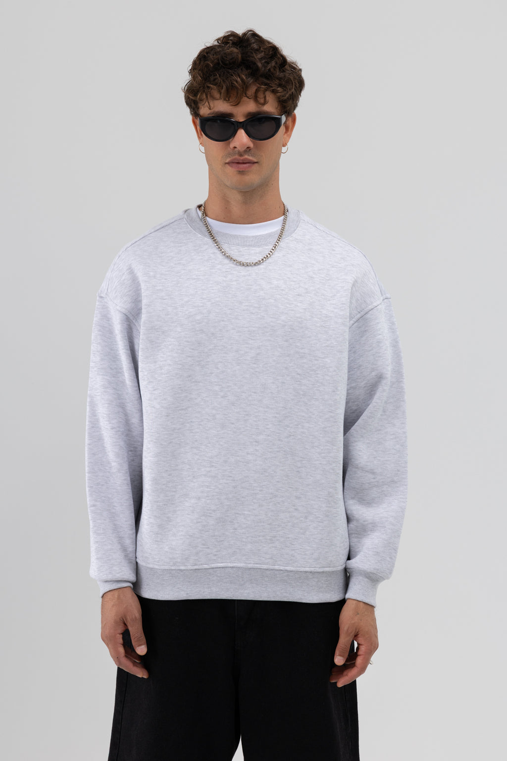Basic Bisiklet Yaka Oversize Sweatshirt Kar Melanj