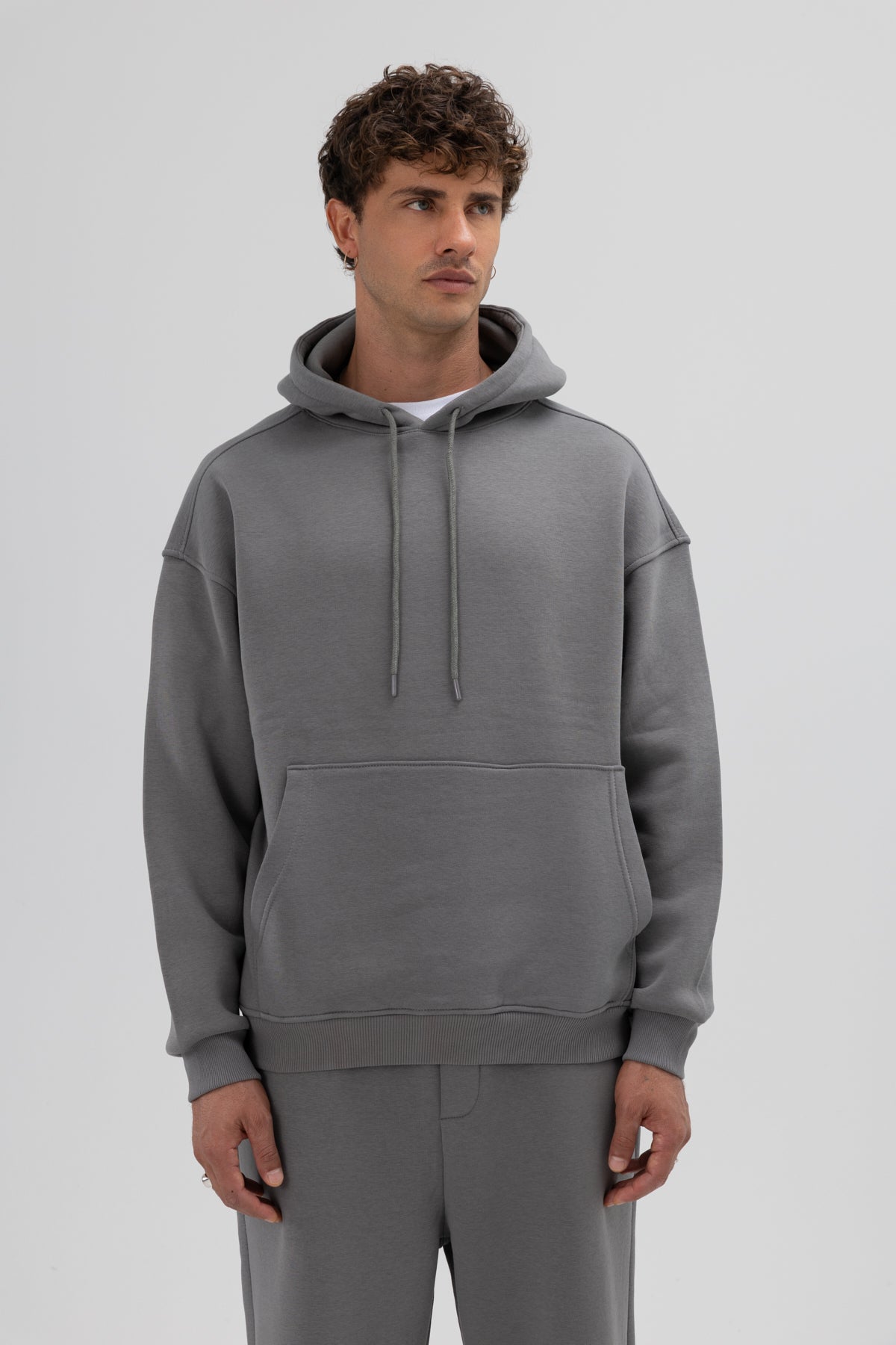 Basic Oversize Kapüşonlu Sweatshirt Füme