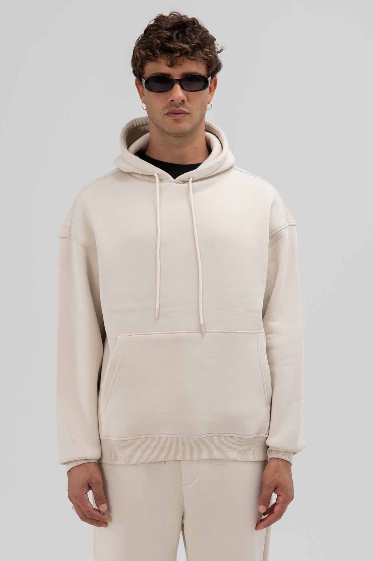 Basic Oversize Kapüşonlu Sweatshirt Taş