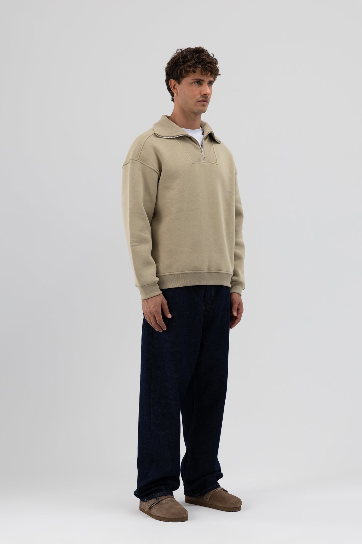 Basic Fermuarlı Dik Yaka Sweatshirt Haki