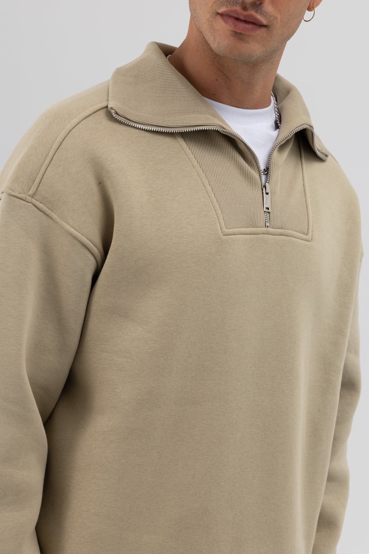 Basic Fermuarlı Dik Yaka Sweatshirt Haki