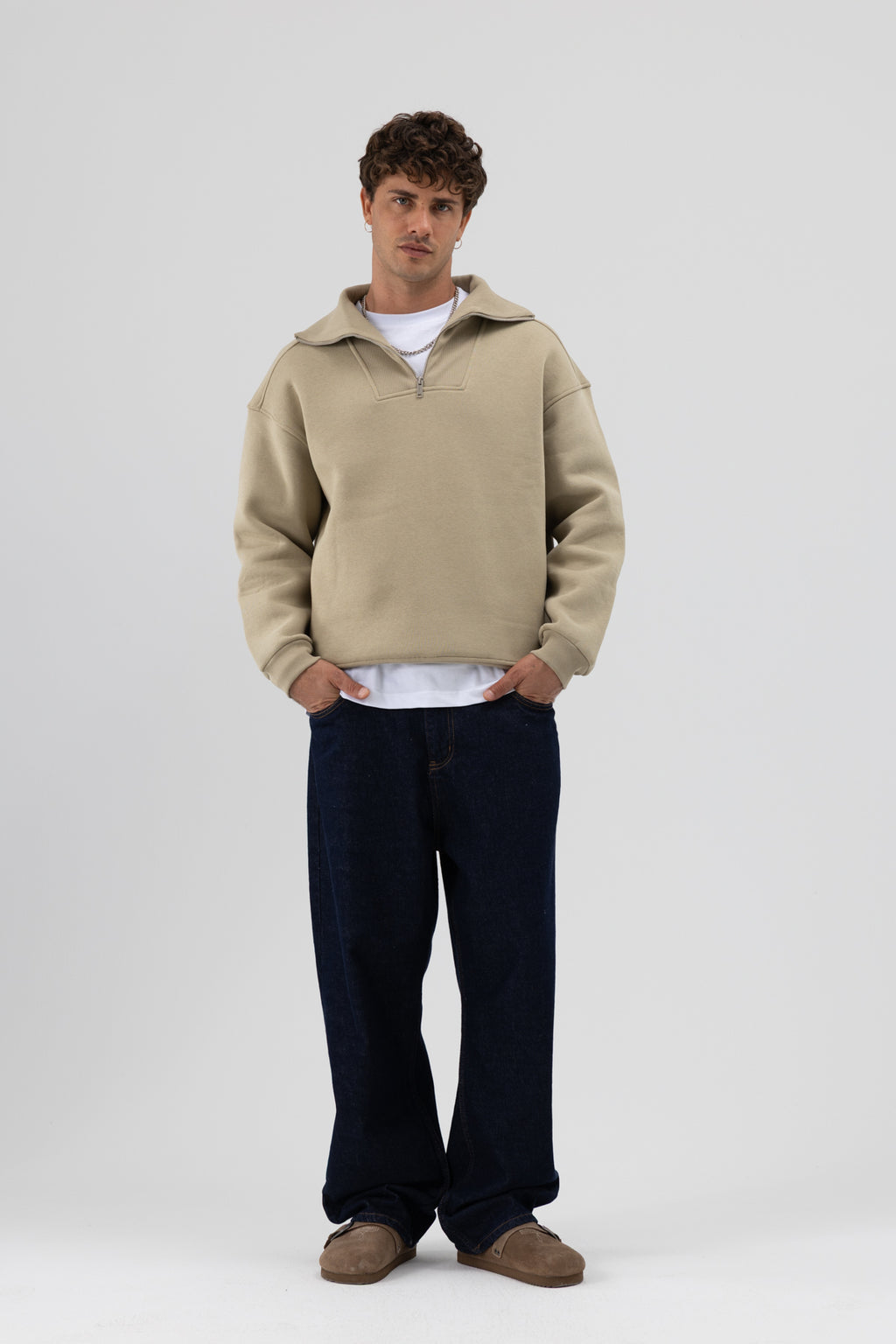 Basic Fermuarlı Dik Yaka Sweatshirt Haki