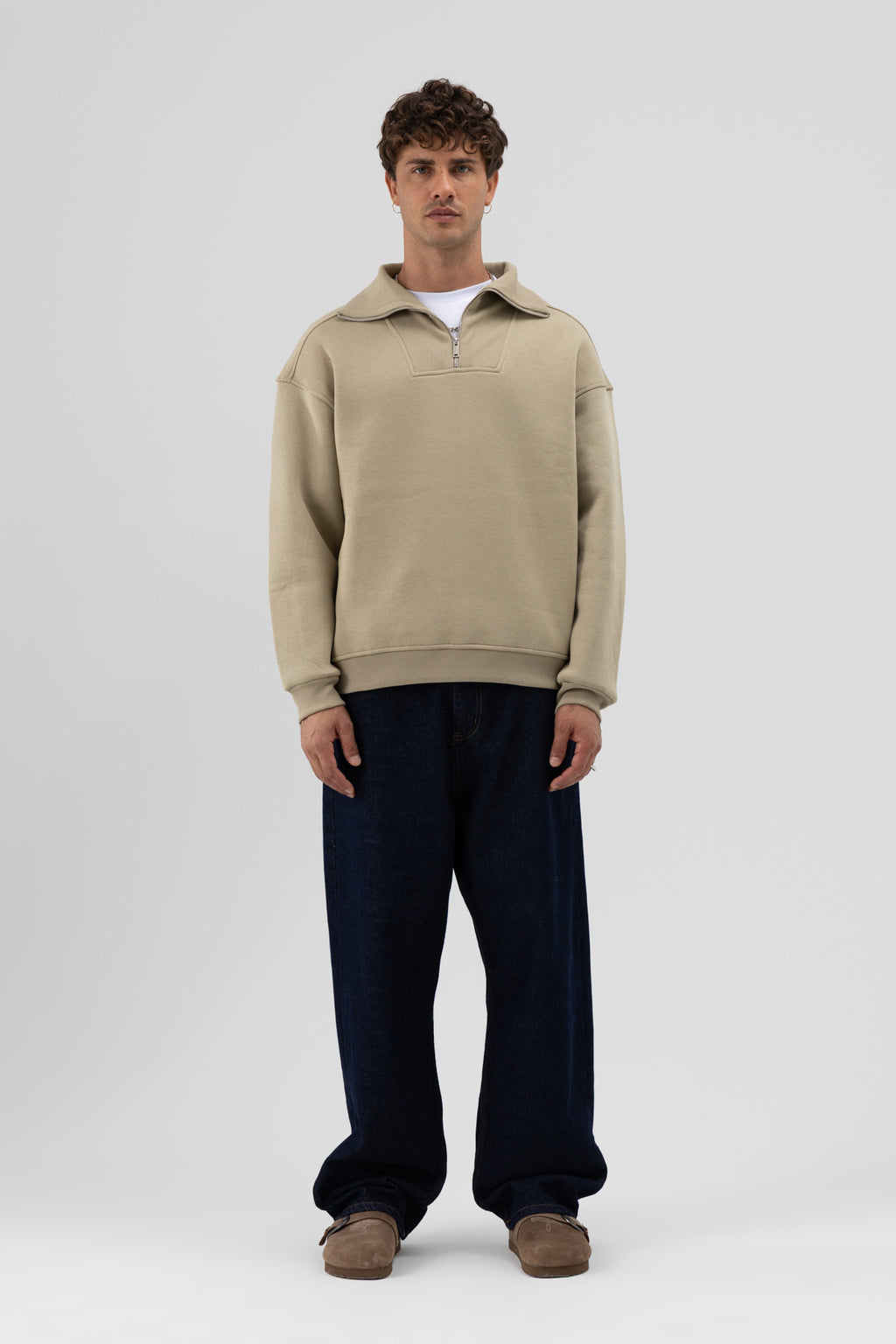 Basic Fermuarlı Dik Yaka Sweatshirt Haki