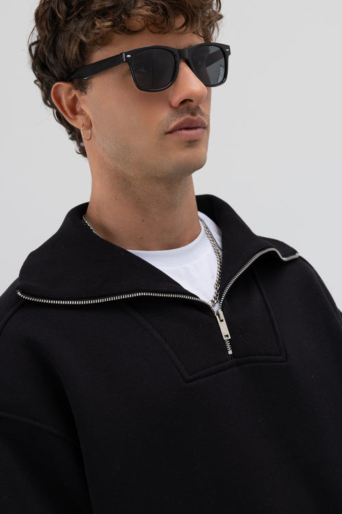 Basic Fermuarlı Dik Yaka Sweatshirt Siyah