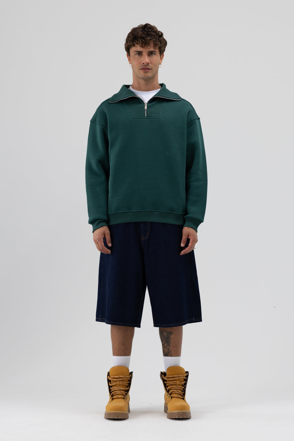 Basic Fermuarlı Dik Yaka Sweatshirt Nefti