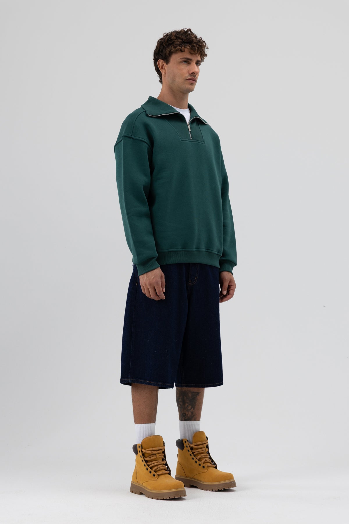Basic Fermuarlı Dik Yaka Sweatshirt Nefti