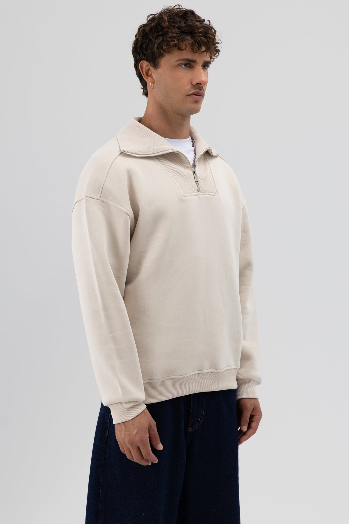 Basic Fermuarlı Dik Yaka Sweatshirt Taş