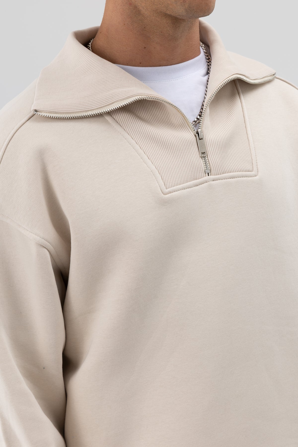 Basic Fermuarlı Dik Yaka Sweatshirt Taş